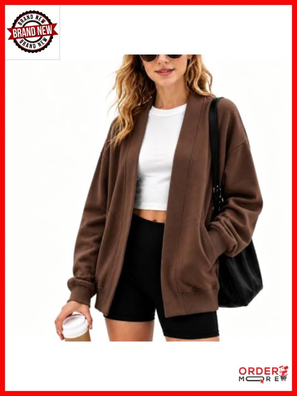 Oversized Cotton Open Front Sweatshirt Cardigan Loose Fit Pocket Athleisure